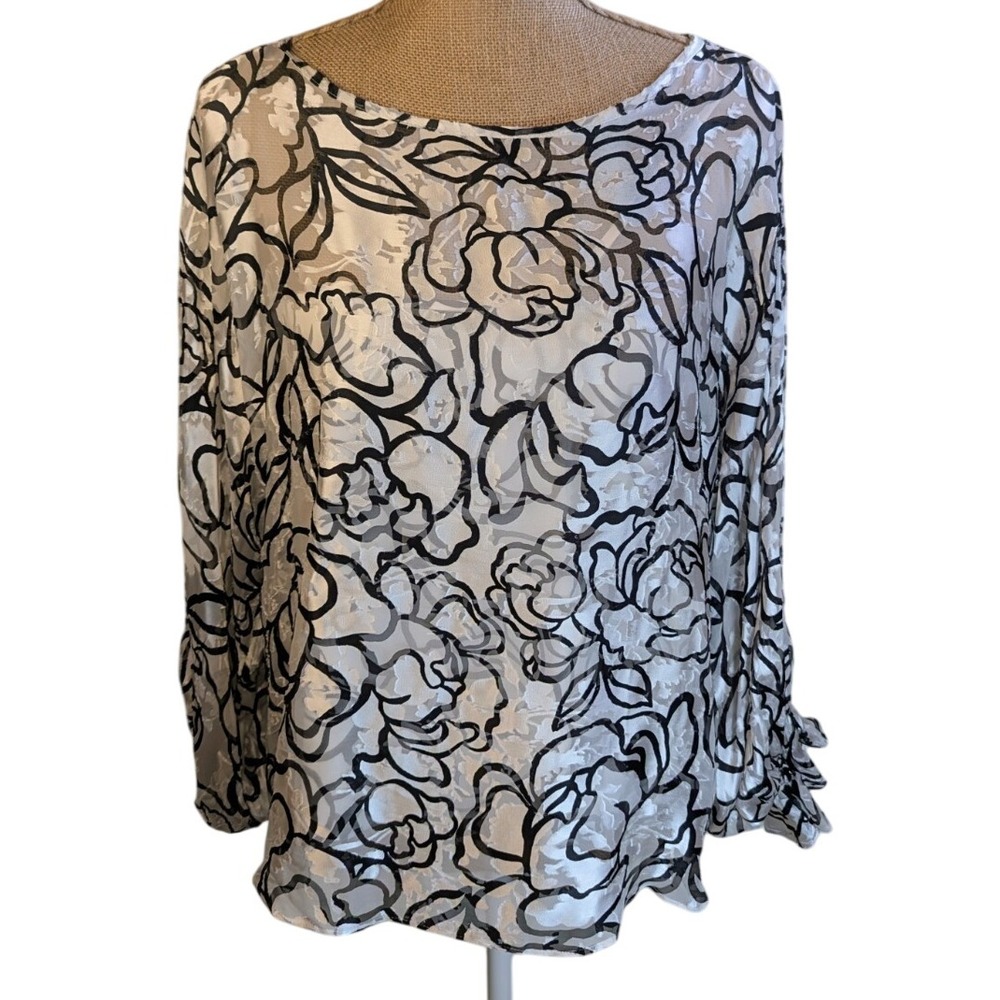 White House Black Market Floral Sheer Blouse Top Size M Long Sleeve Ruffle Cuff